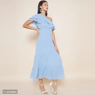 Stylish Blue Georgette Solid Fit And Flare Dress For Women-thumb3