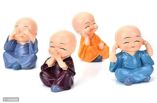 Lakshya Resin Kung Fu Cartoon Little Monk Doll Decoration, 4 Baby Monks Figurines (Buddha) Idols for Home Decor, Car Dashboard [Multicolour] Showpiece