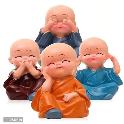 Heavy Driver Set of 4 Marble Buddha Monks Statues Figurines Showpiece for Wall Shelf, Car Dashboard, Home Office Decor (Small, Multicolor)