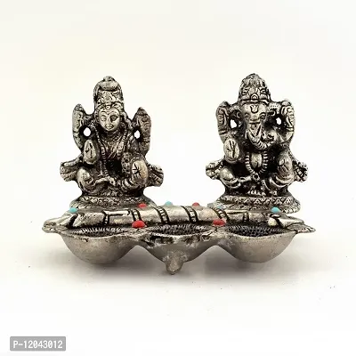 Shree MANGALAM MART White Metal Lord Laxmi Ganeshas with Diya Set-thumb2