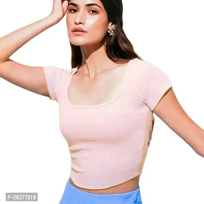 Comfy Half Sleeve Deep Neck Crop Tops and Tunics for Girls  Women - (Peach, M)-thumb0