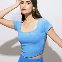 Comfy Half Sleeve Deep Neck Crop Tops and Tunics for Girls  Women - (Aqua Blue, L)-thumb1