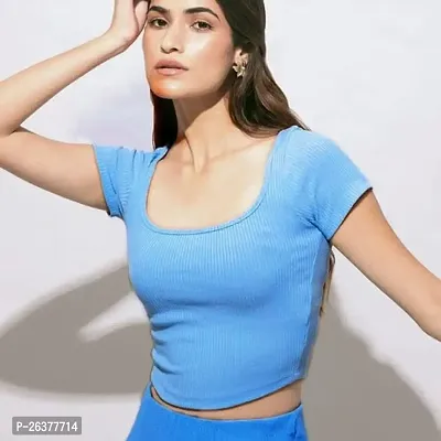 Comfy Half Sleeve Deep Neck Crop Tops and Tunics for Girls  Women - (Aqua Blue, L)-thumb2