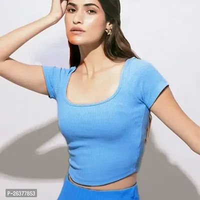 Comfy Half Sleeve Deep Neck Crop Tops and Tunics for Girls  Women - (Aqua Blue, XS)-thumb2