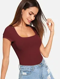 Comfy Half Sleeve Deep Neck Crop Tops and Tunics for Girls  Women - (Maroon, XS)-thumb1