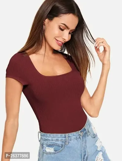 Comfy Half Sleeve Deep Neck Crop Tops and Tunics for Girls  Women - (Maroon, XS)-thumb2