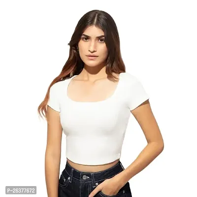 Comfy Half Sleeve Deep Neck Crop Tops and Tunics for Girls  Women - (White, S)