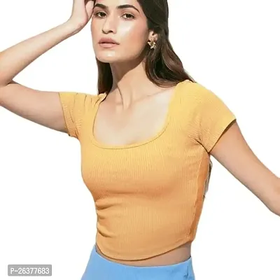 Comfy Half Sleeve Deep Neck Crop Tops and Tunics for Girls  Women - (Mustard, S)-thumb0