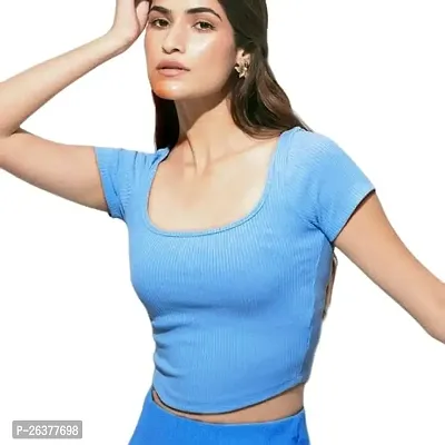 Comfy Half Sleeve Deep Neck Crop Tops and Tunics for Girls  Women - (Aqua Blue, M)