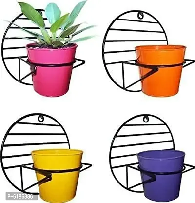 Wall Mount Metal Planter Stand With Round Galvanized Pot (Set Of 4 Pcs)