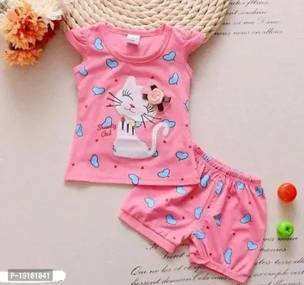 pink printed cotton top and bottom set for baby girl