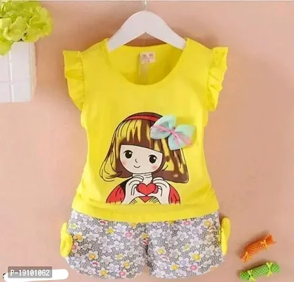 yellow cotton printed top and bottom set for baby girl