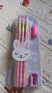 CUTE RABBIT BEAR DRAWING GRAPHITE WRITING PENCIL SET WITH PENCIL SHARPENER  ERASER-thumb1