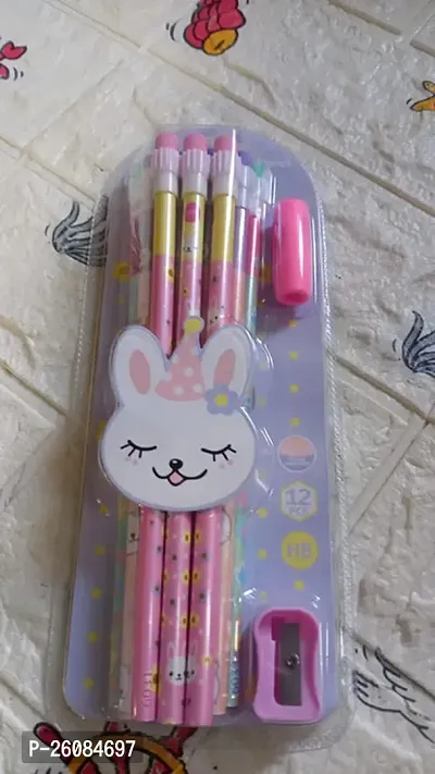 CUTE RABBIT BEAR DRAWING GRAPHITE WRITING PENCIL SET WITH PENCIL SHARPENER  ERASER-thumb2