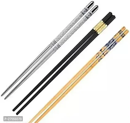 3 Pairs Wooden And Stainless Steel And Plastic Gold Black Chopsticks - Reusable Chop Sticks for Noodles Sushi Hotpot Square Grip to Hold Food Perfectly-thumb0