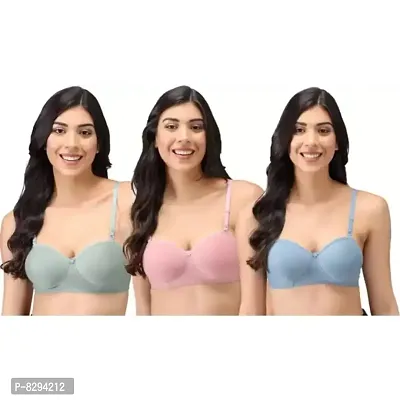 Womens Cotton Lightly Padded Half Cup Non-Wired T-Shirt Bra Combo Pack of 3