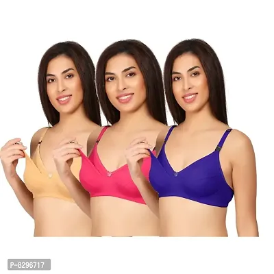 Womens Cotton Non Padded Non-Wired Maternity Breastfeeding Nursing Mother Bra Combo Pack of 3-thumb0