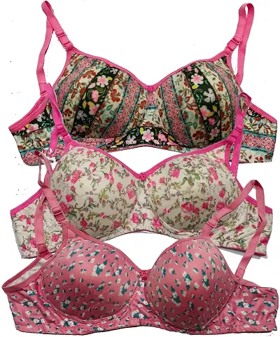 Narsingha Dreams Women Blend Lightly Padded Non-Wired T-Shirt Floral Bra Combo Pack Of 3