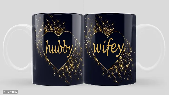 iMPACTGift Hubby Wifey Premium Quality Printed for Husband, Wife On Marriage, Anniversary, Birthday, Valentine Gifts 252 Ceramic Coffee Mug  (330 ml, Pack of 2)