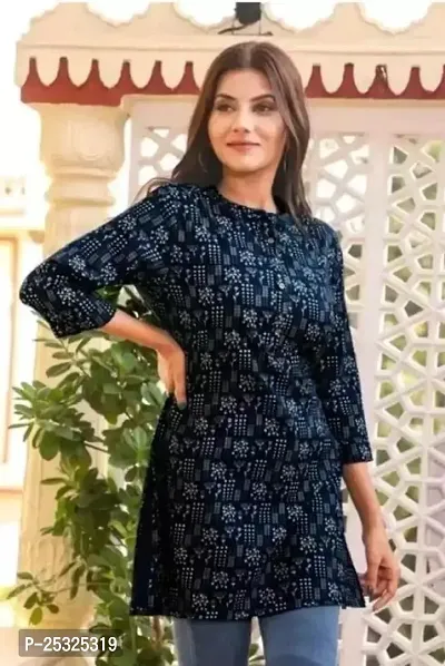 Stylish Navy Blue Crepe A-Line Printed Stitched Kurti For Women-thumb0