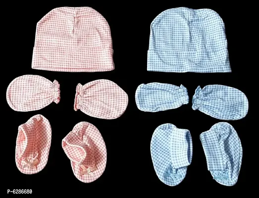 Pure Cotton 2 cap,4 gloves mitten and 2 leg booties For 3 to 9-month Kids(Set of 2)