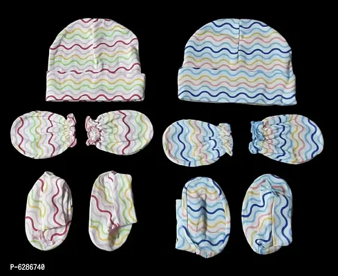 Pure Cotton  Striped 2 cap,4 gloves mitten and 2 leg booties For 3 to 9-month Kids(Set of 2)