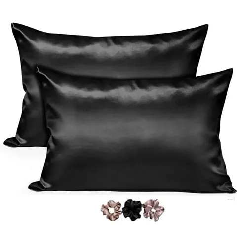 Silk Satin Pillow Covers (Set of 2) with 3 Satin scrunchies (Black)