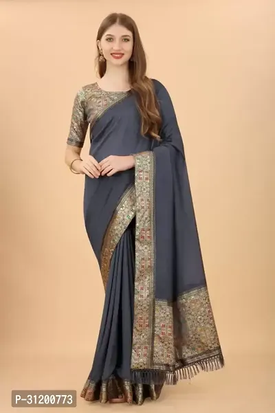 Stylish Grey Pure Silk Printed Saree With Blouse Piece For Women