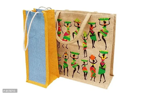 FliHautreg; Menrsquo;s and Womenrsquo;s Eco-Friendly Dancing Girl Printed Jute Bag- Lunch Bag  Bottle Cover, Pack of 2, Multicolor