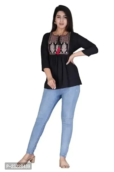 Kairab Rayon Short Top for Womens Embroidered Printed Short Kurti Tunic Tops for Women (XX-Large, Black)