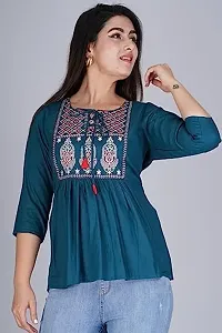 Kairab Rayon Short Top for Womens Embroidered Printed Short Kurti Tunic Tops for Women (Small, Blue)-thumb3