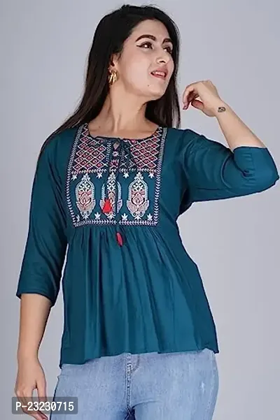 Kairab Rayon Short Top for Womens Embroidered Printed Short Kurti Tunic Tops for Women (Small, Blue)-thumb4