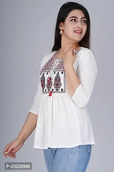 Kairab Rayon Short Top for Womens Embroidered Printed Short Kurti Tunic Tops for Women (Large, White)-thumb3