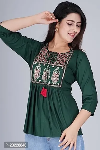 Kairab Rayon Short Top for Womens Embroidered Printed Short Kurti Tunic Tops for Women (X-Large, Green)-thumb4