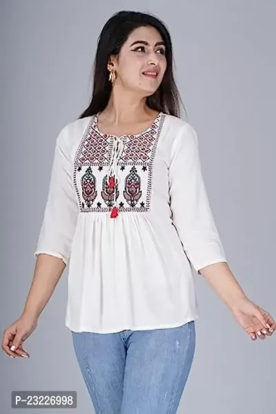 Kairab Rayon Short Top for Womens Embroidered Printed Short Kurti Tunic Tops for Women (Large, White)-thumb4