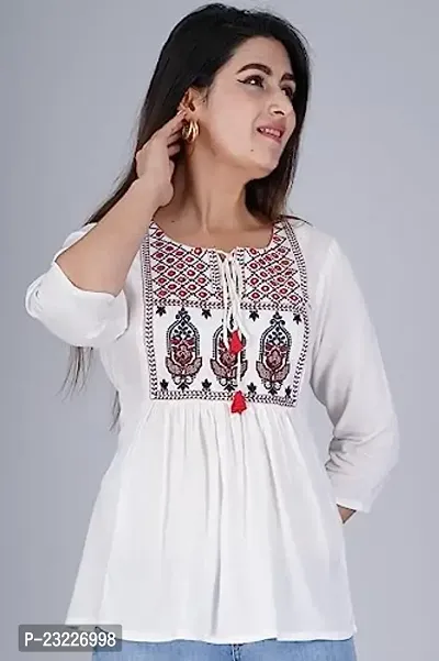 Kairab Rayon Short Top for Womens Embroidered Printed Short Kurti Tunic Tops for Women (Large, White)-thumb5