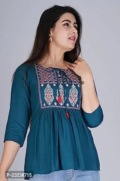 Kairab Rayon Short Top for Womens Embroidered Printed Short Kurti Tunic Tops for Women (Small, Blue)-thumb3