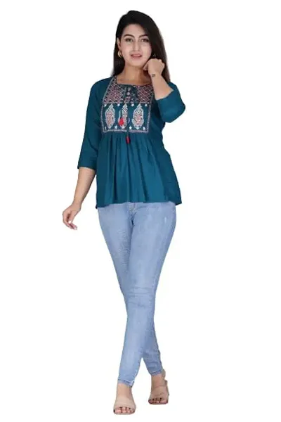 Kairab Rayon Short Top for Womens Embroidered Short Kurti Tunic Tops for Women (X-Large, Green)