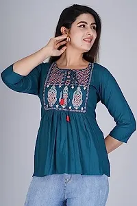 Kairab Rayon Short Top for Womens Embroidered Printed Short Kurti Tunic Tops for Women (Small, Blue)-thumb4