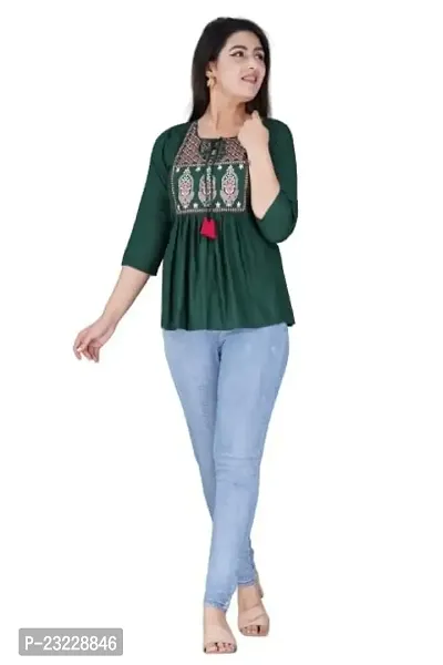 Kairab Rayon Short Top for Womens Embroidered Printed Short Kurti Tunic Tops for Women (X-Large, Green)