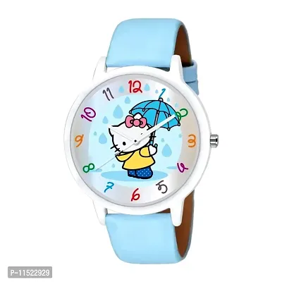 Trending Hello Kitty With Umbrella Cartoon Sky Blue Strap Watch For Kids