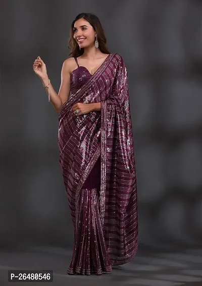 Elegant Georgette Magenta Sequined Work Saree With Blouse Piece For Women