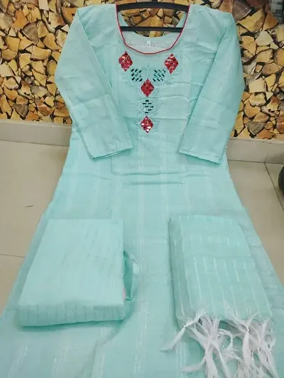 Cotton Embroidered Kurta, Bottom And Dupatta Set