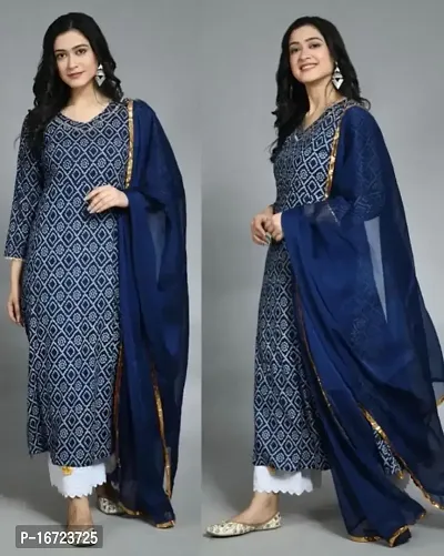 Elegant Blue Bombay Cotton Printed Kurta Palazzo Set With Nazmeen Dupatta For Women-thumb0