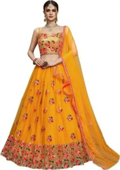 Anara Women's Net Semi-Stitched yellow Lehenga Choli (SSYF-L8051_Yellow_Free Size)