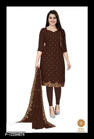 Trendy Georgette Brown Printed Dress Material With Dupatta Set For Women