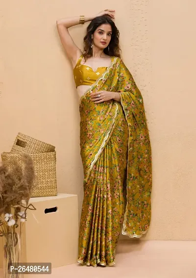 Elegant Georgette Mustard Floral Print With Gota Border Work Saree With Blouse Piece For Women-thumb0