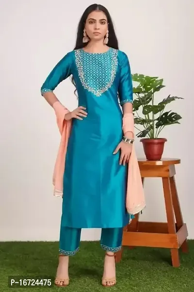 Exclusive Blue Taffeta Silk Kurta Pant Dupatta Set-thumb0