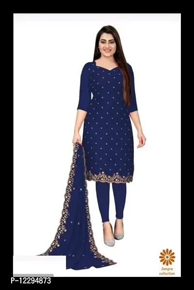 Trendy Georgette Navy Blue Printed Dress Material With Dupatta Set For Women-thumb0