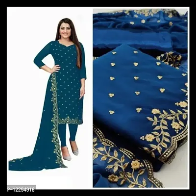 Trendy Georgette Teal Blue Embroidered Dress Material With Dupatta Set For Women-thumb0